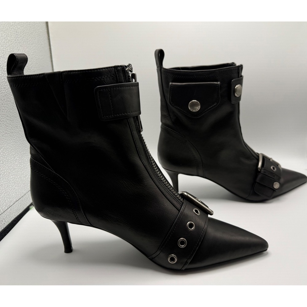 Kurt Geiger London Black Leather Buckle Zip Ankle Boots Kitten Heel Pointed Toe - Picture 1 of 9